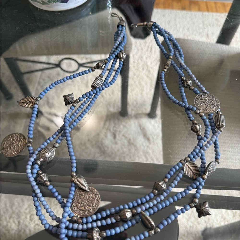 Vintage Blue Beaded Necklace with Silver Accents